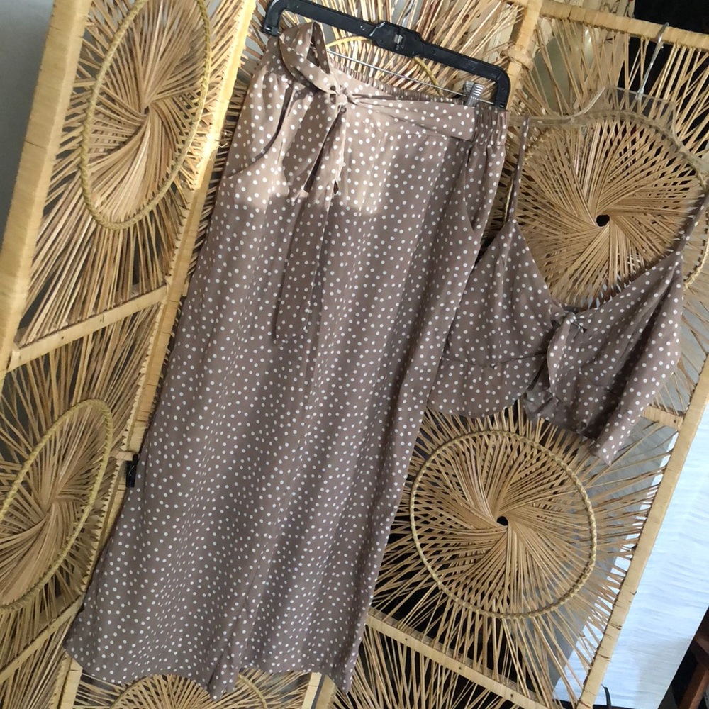 Tan and white polka dot pant/crop top set